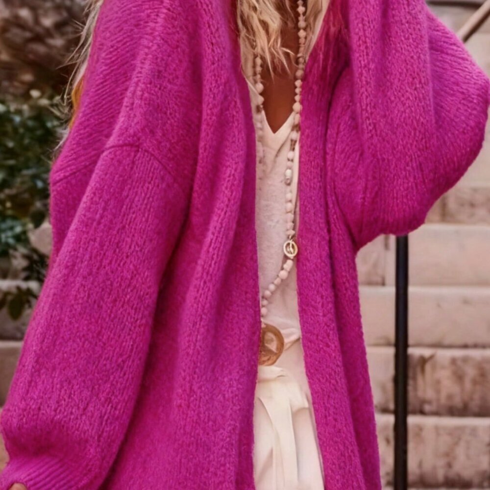 Hot Pink Women's Casual Plus Size Loose Fit Knit Cardigan